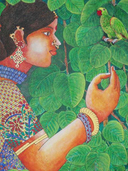 Figurative acrylic painting titled 'Lady With Parrot 3', 15x20 inches, by artist Bhawandla Narahari on Canvas