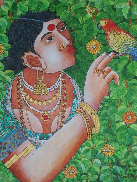 Figurative acrylic painting titled 'Lady With Parrot 4', 15x20 inches, by artist Bhawandla Narahari on Canvas