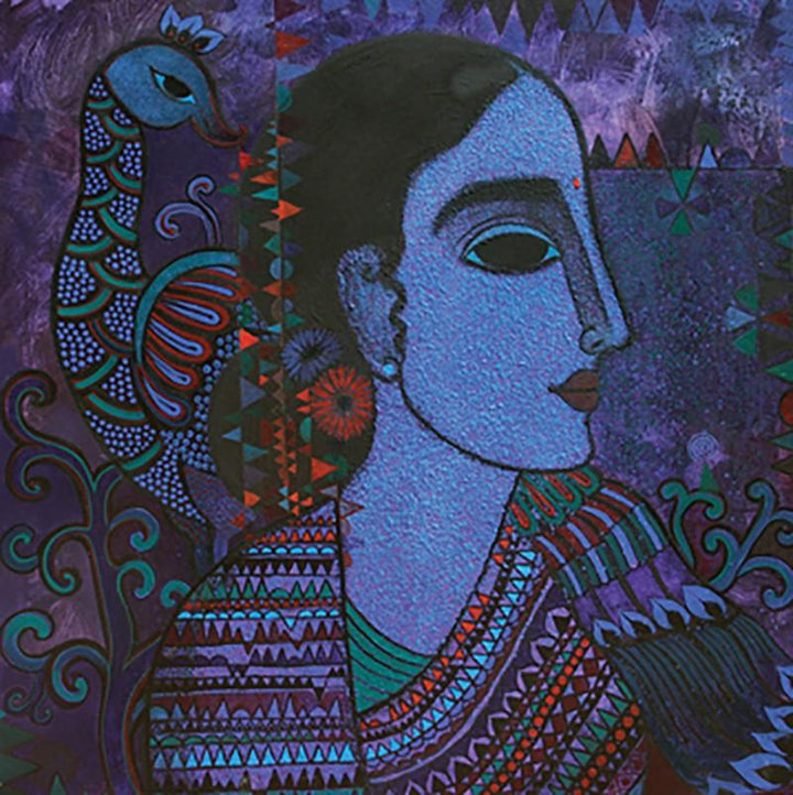 Figurative acrylic painting titled 'Lady With Peacock', 36x36 inches, by artist Mamta Mondkar on Canvas