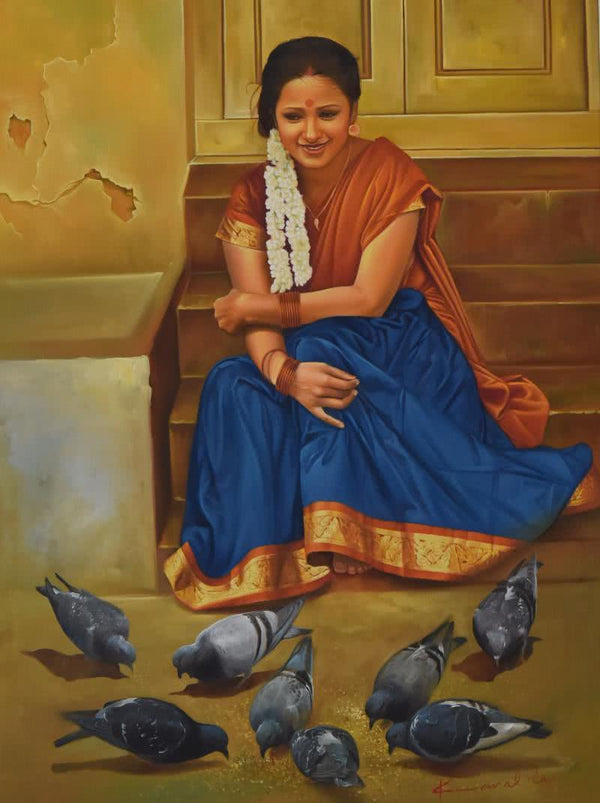 Figurative oil painting titled 'Lady with Pigeons', 36x48 inches, by artist Kamal Rao on Canvas