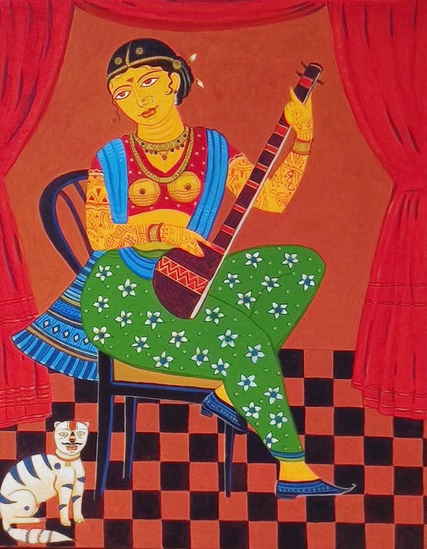 Figurative acrylic painting titled 'Lady With Sitar', 20x16 inches, by artist Bhaskar Lahiri on Canvas