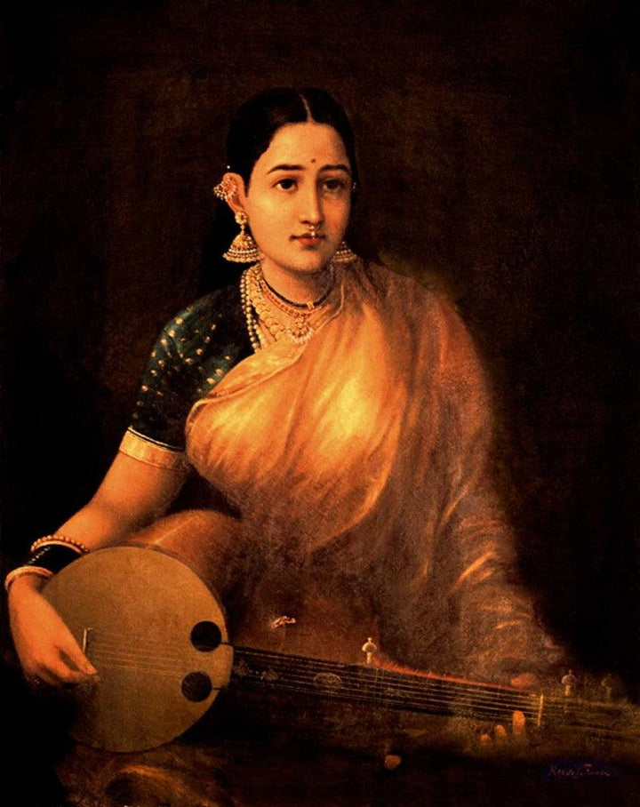 Figurative oil painting titled 'Lady With Swarbat', 36x29 inches, by artist Raja Ravi Varma Reproduction on Canvas