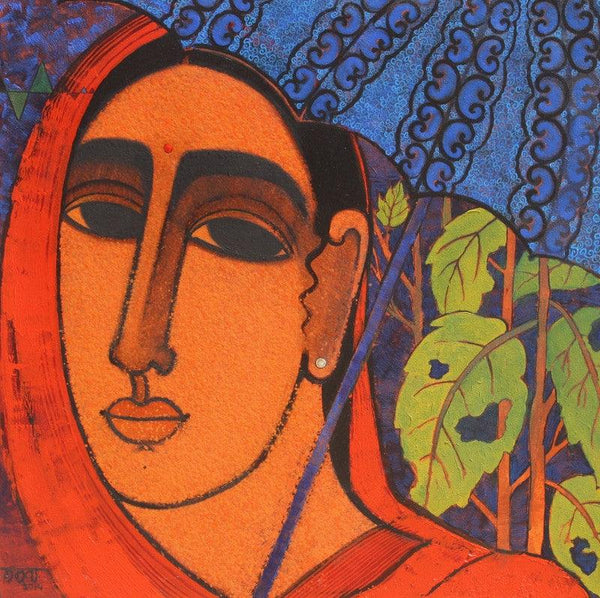 Figurative acrylic painting titled 'Lady With Umberella', 30x30 inches, by artist Mamta Mondkar on Canvas