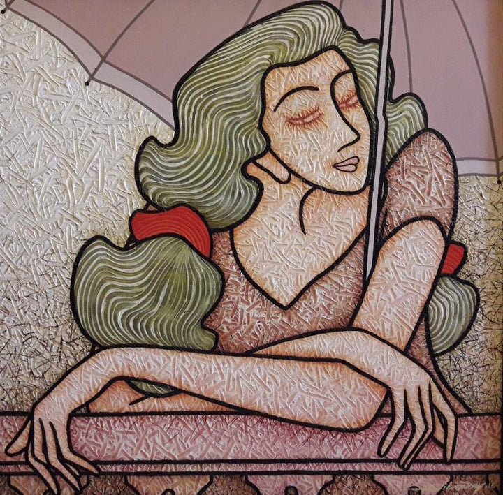 Figurative acrylic painting titled 'Lady With Umbrella', 24x24 inches, by artist Sibsaday Chaudhuri on Canvas