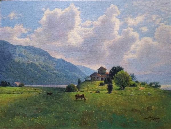 Landscape acrylic painting titled 'Lake House', 12x16 inches, by artist Sanjay Sarfare on Canvas Board