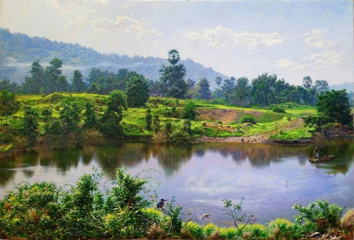 Realistic oil painting titled 'Lake In Miraroad 2', 16x24 inches, by artist Sanjay Sarfare on Canvas