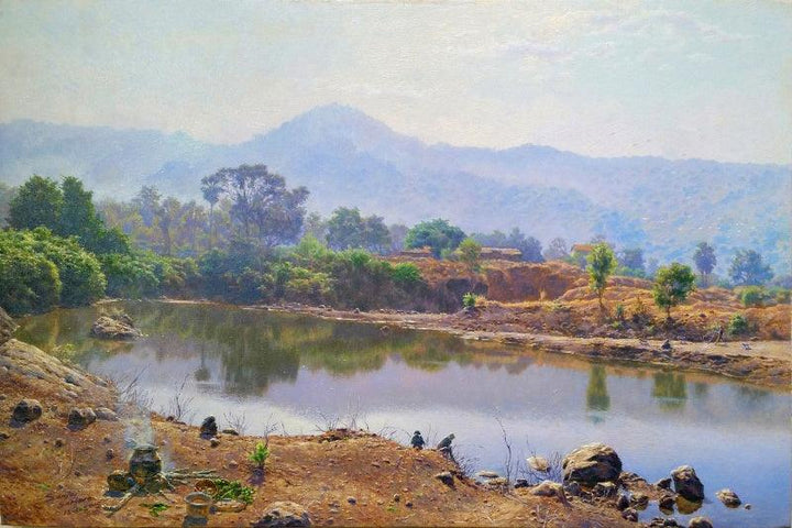 Realistic oil painting titled 'Lake In Miraroad', 16x24 inches, by artist Sanjay Sarfare on Canvas