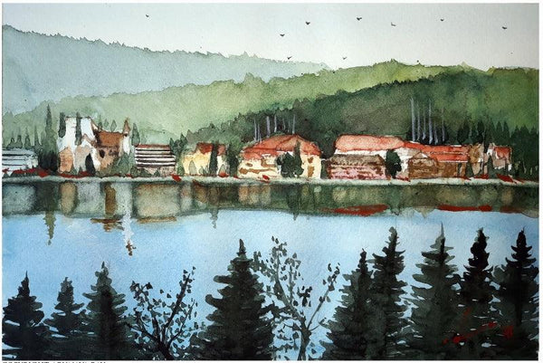 Cityscape watercolor painting titled 'Lake Titisee Germany', 7x11 inches, by artist Arunava Ray on Paper