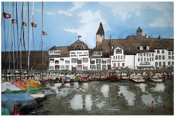 Cityscape watercolor painting titled 'Lake Zurich Switzerland', 7x11 inches, by artist Arunava Ray on Paper