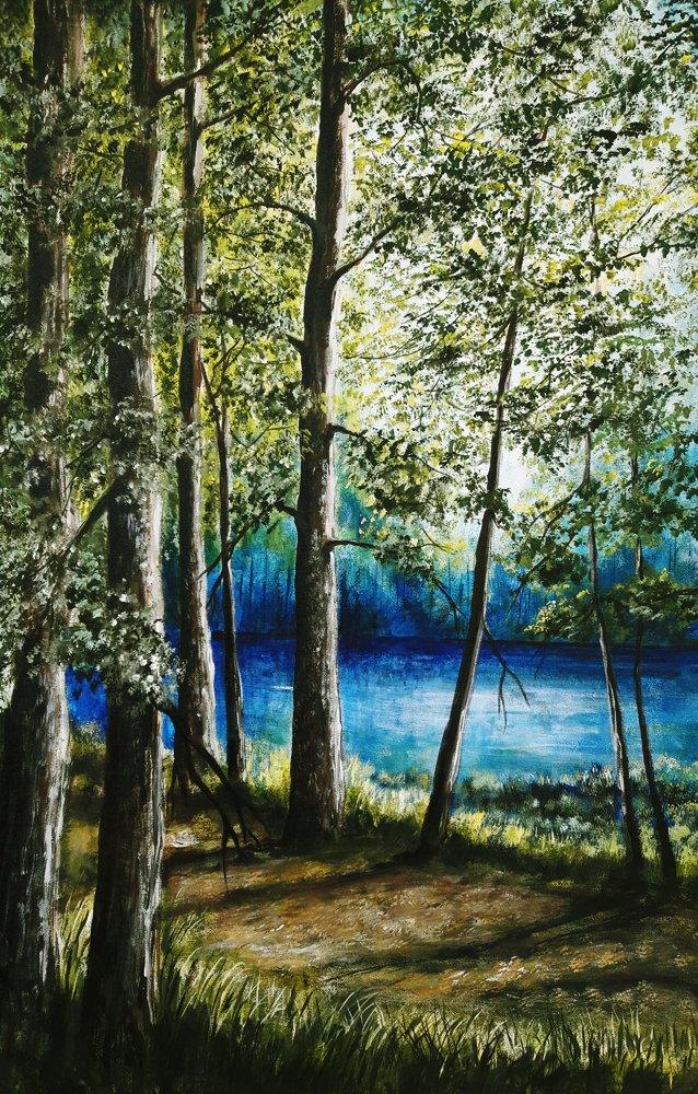 Nature acrylic painting titled 'Lakeview', 36x24 inches, by artist Seby Augustine on Canvas