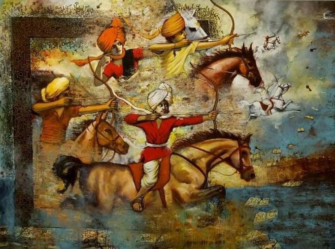 Figurative acrylic painting titled 'Laksha Series', 72x96 inches, by artist Vijay Gille on Canvas