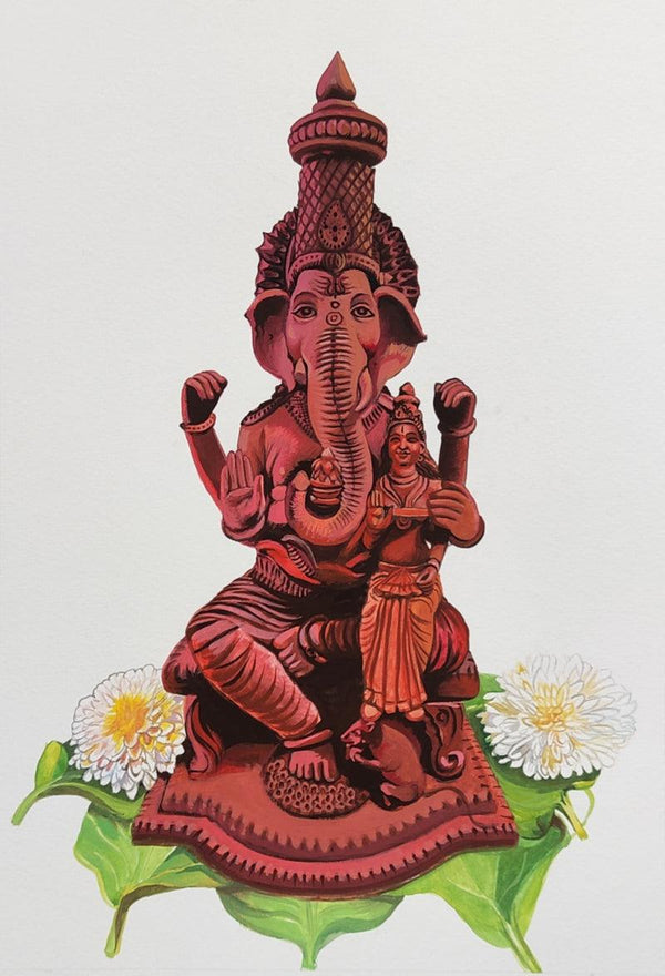 Religious gouache painting titled 'Lakshmi Ganapthi', 15x11 inches, by artist Shiva Prasad Reddy on Paper