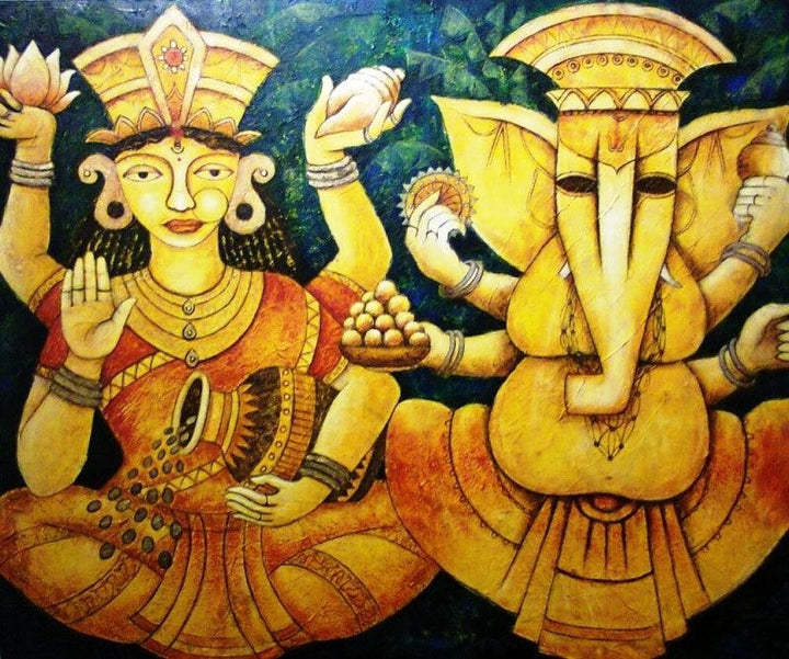 Religious artcontent titled 'Lakshmi Ganesha', 36x30 inches, by artist Anirban Seth on Canvas