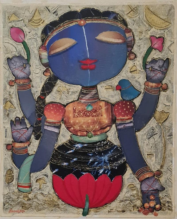 Religious mixed media painting titled 'Lakshmi (Goddess)', 22x18 inches, by artist G Subramanian on Canvas