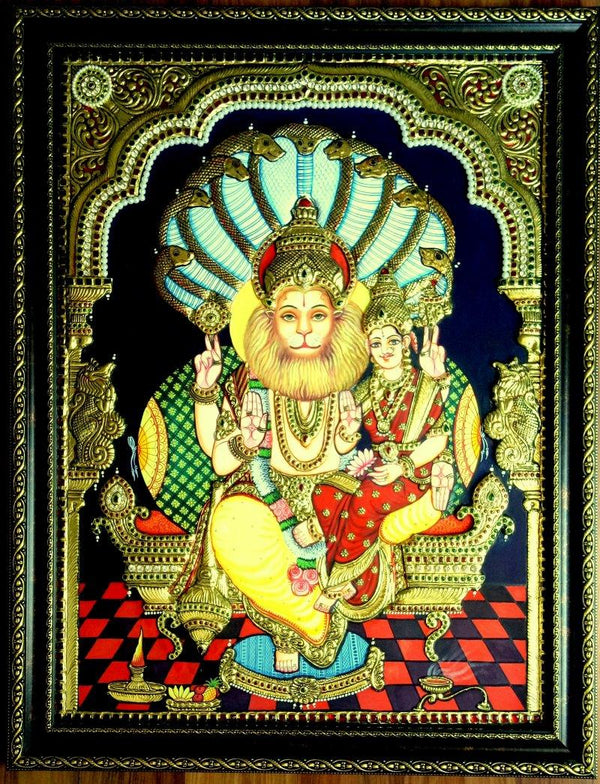 Religious tanjore traditional art titled 'Lakshmi Narasimha Tanjore Painting', 27x21 inches, by artist VANI VIJAY on Plywood