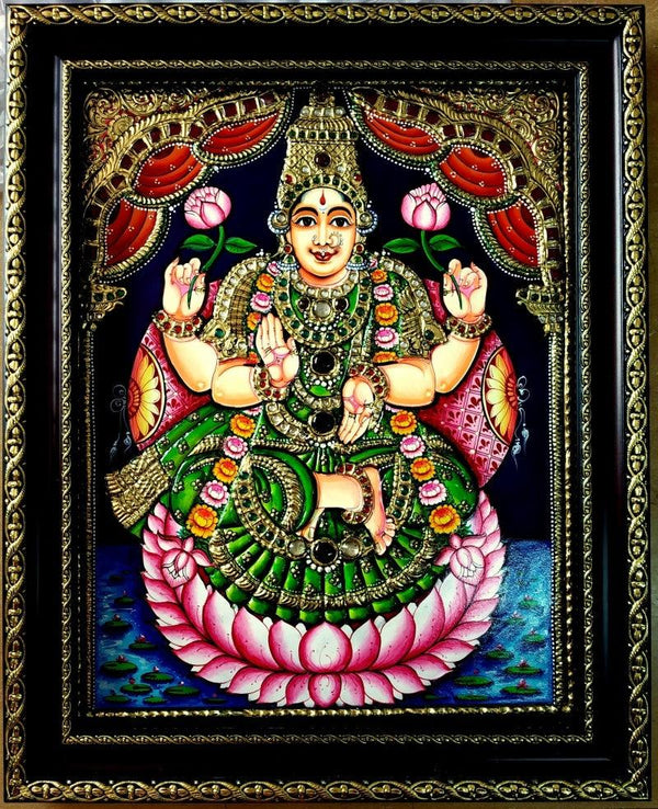 Religious tanjore traditional art titled 'Lakshmi On Lotus Tanjore Painting', 15x12 inches, by artist VANI VIJAY on Plywood