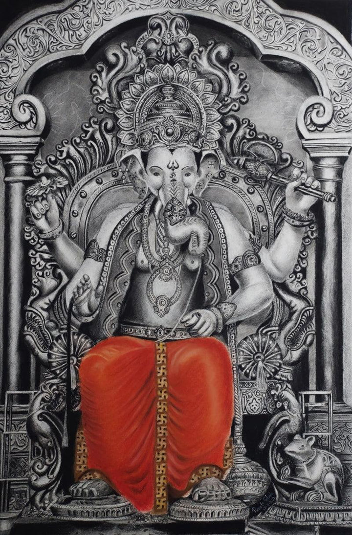 Religious charcoal drawing titled 'Lalbaugcha Raja', 27x18 inches, by artist Preeti Ghule on Paper