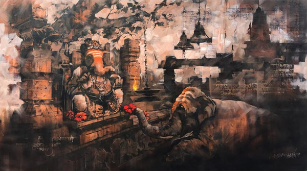 Religious acrylic painting titled 'Lambodara', 36x60 inch, by artist Sandeep Chhatraband on Canvas