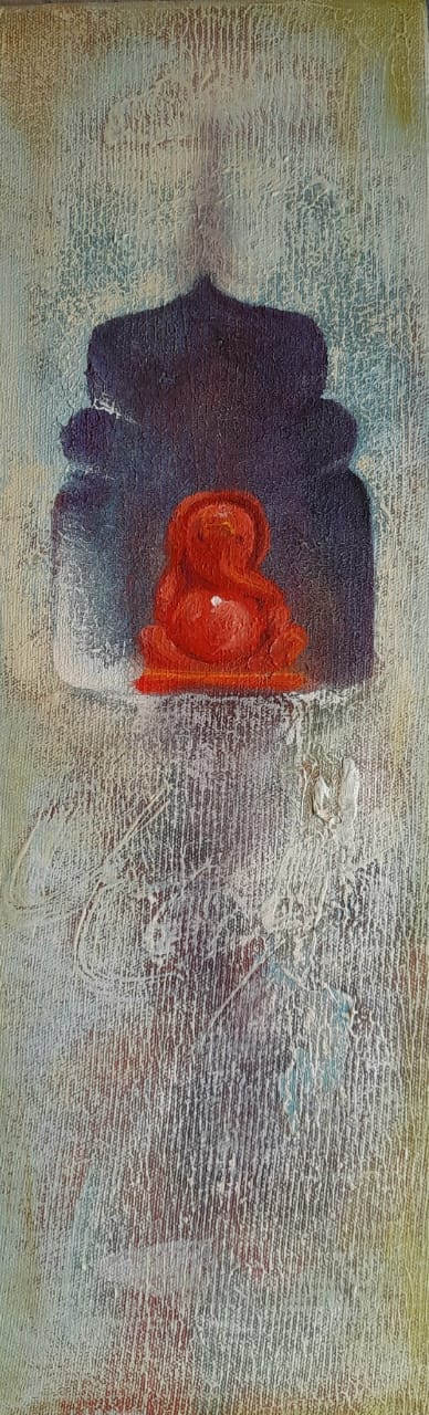 Religious acrylic painting titled 'Lambodara', 18x6 inch, by artist Gopal Pardeshi on Canvas