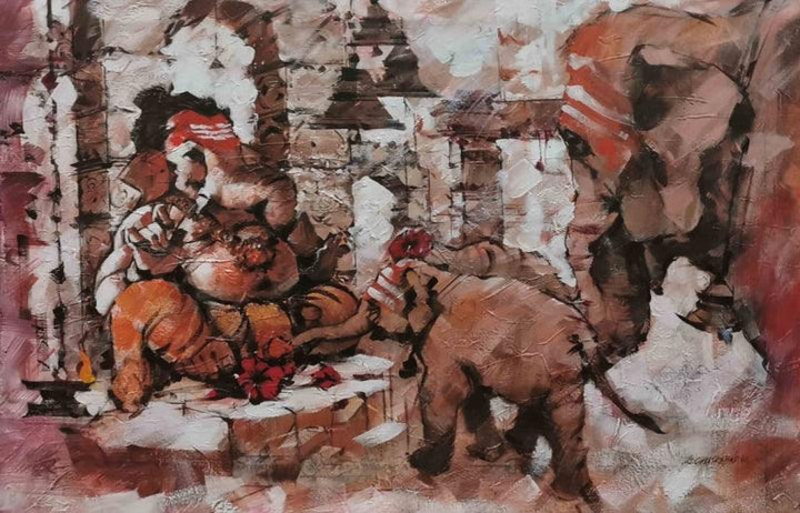 Religious acrylic painting titled 'Lambodara', 32x48 inches, by artist Sandeep Chhatraband on Canvas