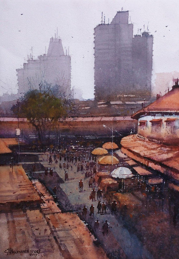 Cityscape watercolor painting titled 'Laminton Road Top', 14x21 inches, by artist NanaSaheb Yeole on Paper