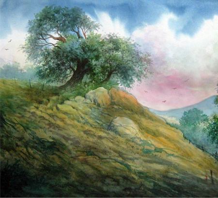 Nature watercolor painting titled 'Landscape 1', 24x22 inches, by artist RD Roy on Paper