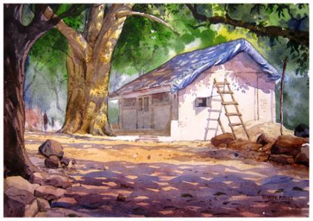 Landscape watercolor painting titled 'Landscape 11', 13x9 inches, by artist Vinayak Potdar on Paper