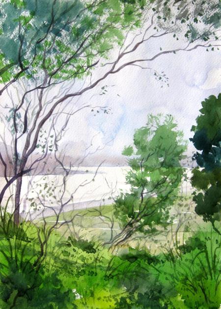 Nature watercolor painting titled 'Landscape 4', 13x9 inches, by artist Vinayak Potdar on Paper