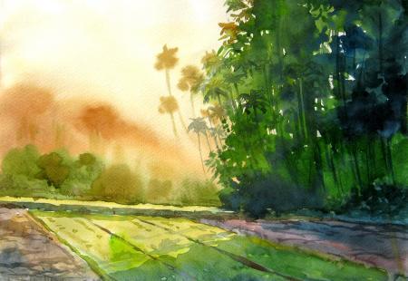 Landscape watercolor painting titled 'Landscape 5', 13x9 inches, by artist Vinayak Potdar on Paper