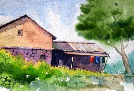 Landscape watercolor painting titled 'Landscape 6', 13x9 inches, by artist Vinayak Potdar on Paper