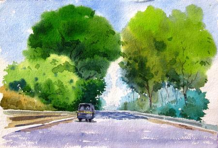 Landscape watercolor painting titled 'Landscape 7', 13x9 inches, by artist Vinayak Potdar on Paper