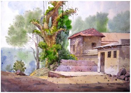 Landscape watercolor painting titled 'Landscape 8', 21x17 inches, by artist Vinayak Potdar on Paper