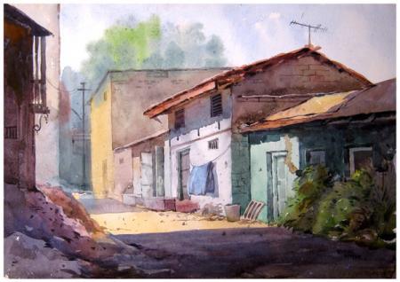 Cityscape watercolor painting titled 'Landscape 9', 21x17 inches, by artist Vinayak Potdar on Paper