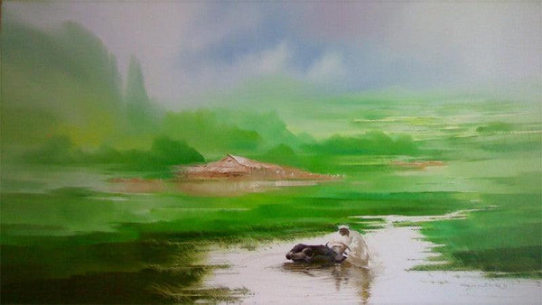 Landscape oil painting titled 'Landscape V', 36x60 inches, by artist Narayan Shelke on Canvas