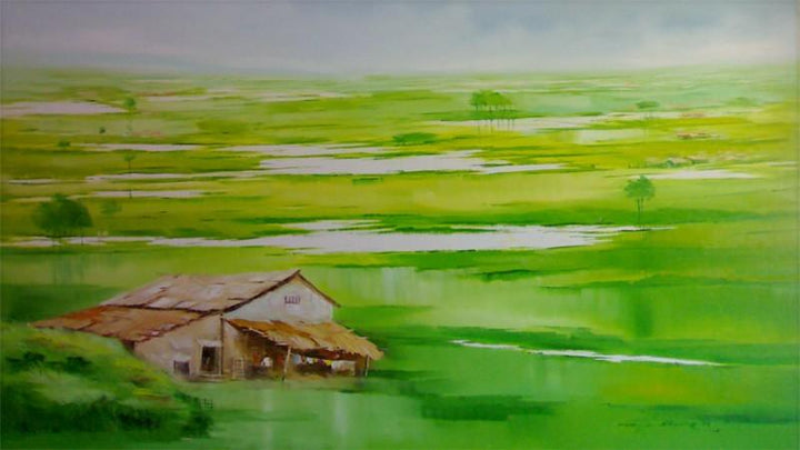 Landscape oil painting titled 'Landscape VII', 36x60 inches, by artist Narayan Shelke on Canvas