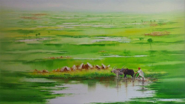 Landscape oil painting titled 'Landscape VIII', 36x60 inches, by artist Narayan Shelke on Canvas