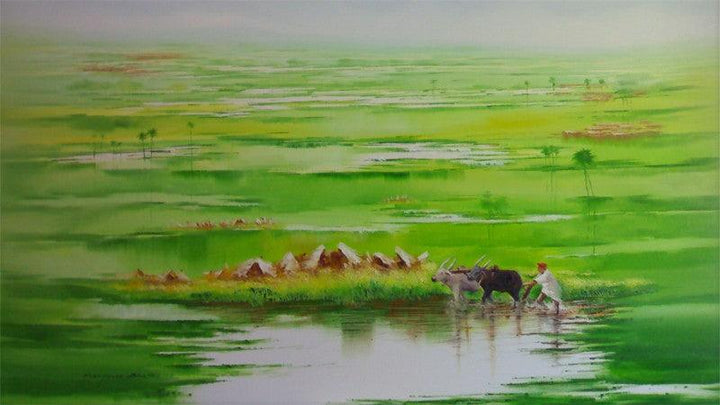 Landscape oil painting titled 'Landscape VIII', 36x60 inches, by artist Narayan Shelke on Canvas