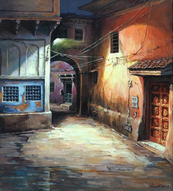 Cityscape acrylic painting titled 'Laneway 2', 14x12 inches, by artist Shuvendu Sarkar on Canvas