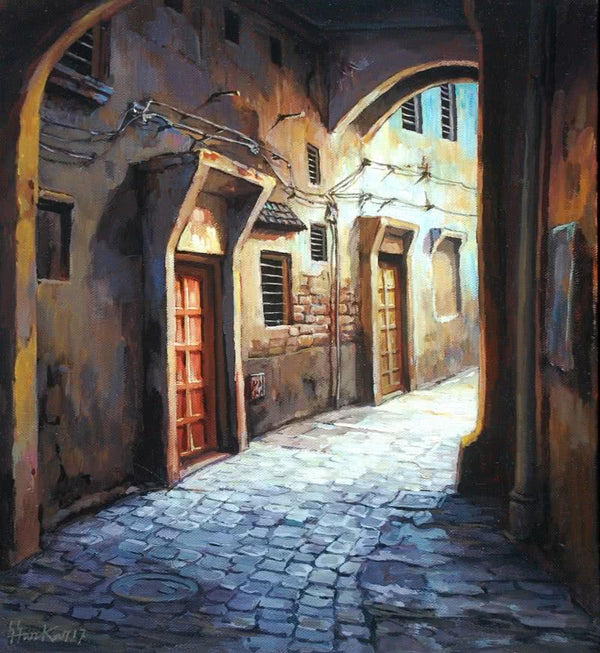 Cityscape acrylic painting titled 'Laneway 3', 14x12 inches, by artist Shuvendu Sarkar on Canvas