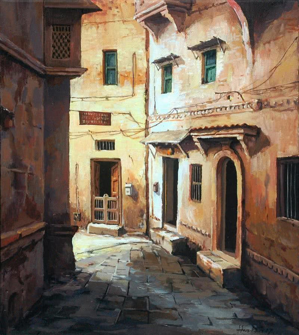 Cityscape acrylic painting titled 'Laneway', 14x12 inches, by artist Shuvendu Sarkar on Canvas