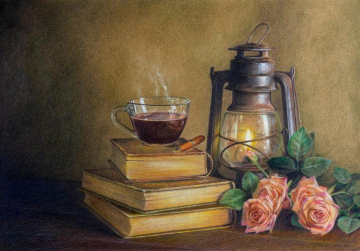 Still-life color pencil drawing titled 'Lantern With Flowers', 12x18 inches, by artist Nitin Kitukale on Paper