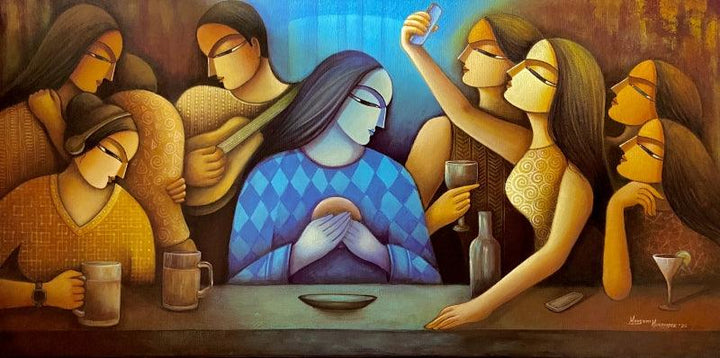 Religious acrylic painting titled 'The Last Supper', 18x36 inches, by artist Mousumi Mukherjee on Canvas