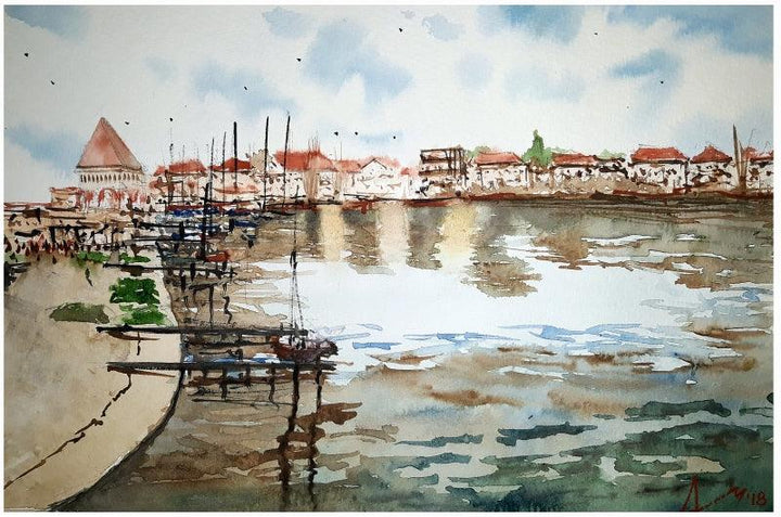 Cityscape watercolor painting titled 'Lausanne Switzerland', 7x11 inches, by artist Arunava Ray on Paper