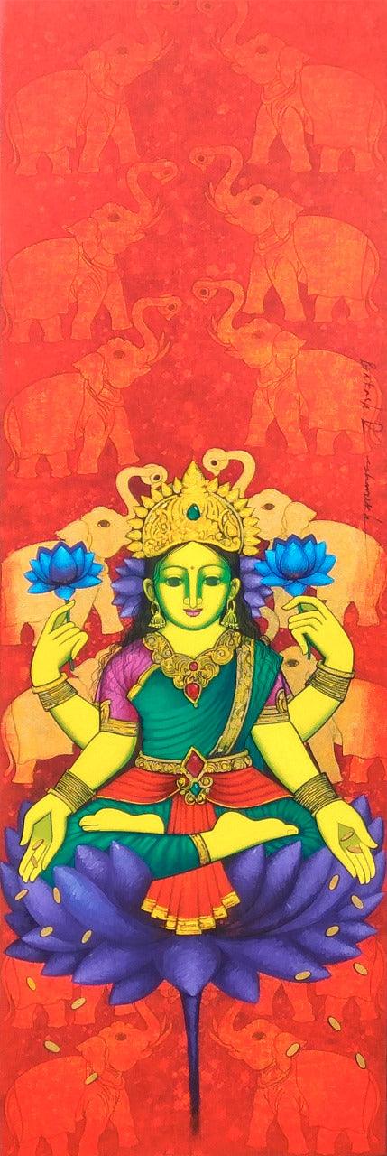 Religious acrylic painting titled 'Laxmi 2', 47x15 inches, by artist Prakash Deshmukh on Canvas