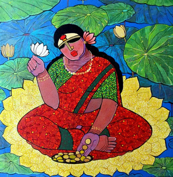 Religious acrylic painting titled 'Laxmi', 24x24 inch, by artist Priyanka Chivte on Canvas