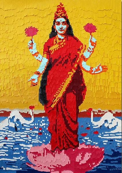 Religious mixed media titled 'Laxmi Ji', 30x42 inches, by artist Mehul Rathod on Canvas