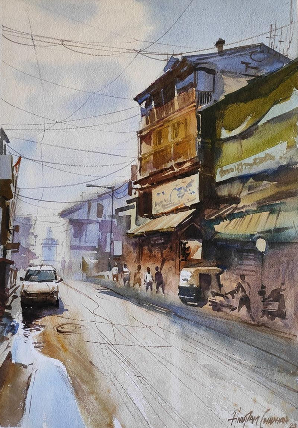 Cityscape watercolor painting titled 'Laxmi Road Pune', 16x12 inches, by artist Anupam Chauhan on Paper