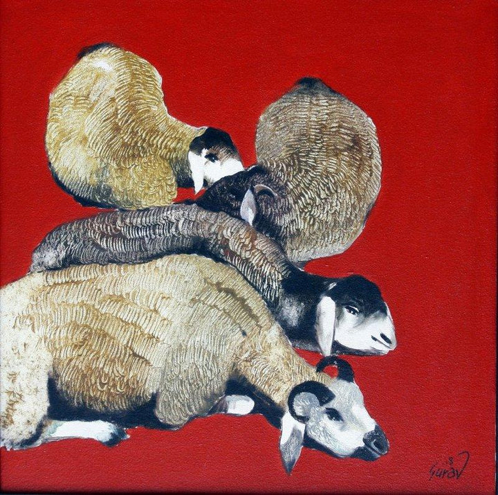 Figurative oil painting titled 'Lazing Sheep', 24x24 inches, by artist RAOSAHEB GURAV on Canvas