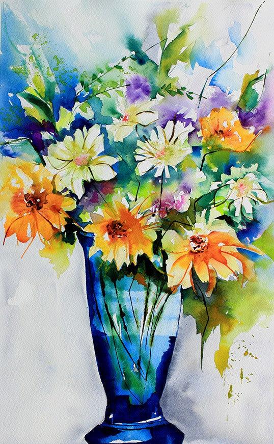 Still-life watercolor painting titled 'Le temps des fleurs', 12x20 inches, by artist Veronique Piaser-moyen on Paper