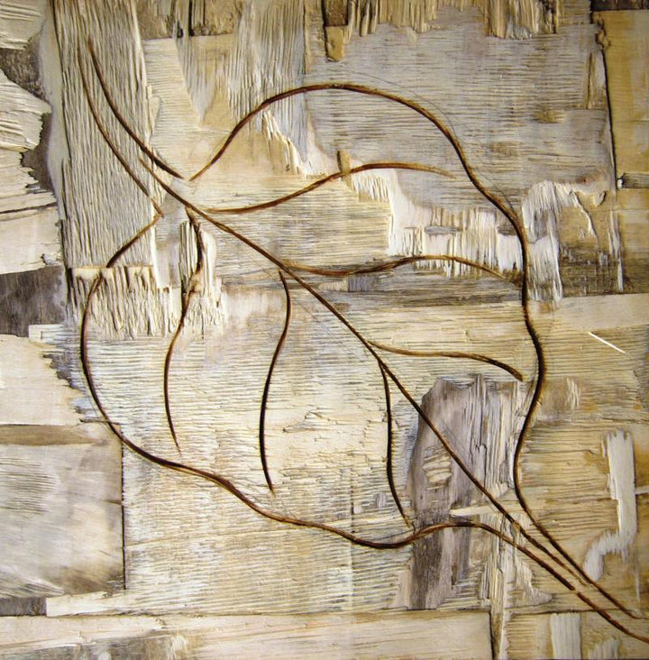 Abstract mixed media painting titled 'Leafy Wood III', 12x12 inches, by artist Somen Debnath on wood